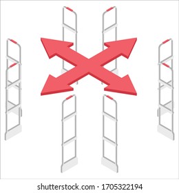 Isometric vector. Preventing shoplifting scanner gate system on all sides. Anti-theft sensor gates with. Security system detect barcode and notify.