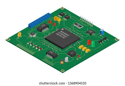 Isometric Vector Printed Circuit Board With Electronic Components