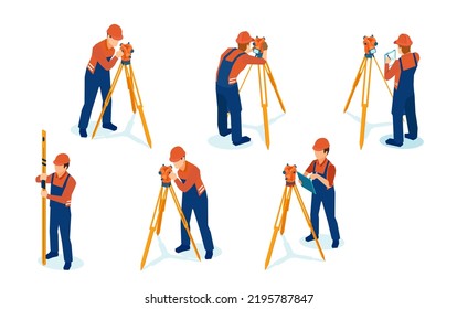 Isometric vector of a professional engineer surveyor takes measures with level theodolite on tripod