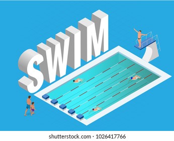 Isometric vector Public sports swimming pool open. Athletes swimmers training in blue water of pool