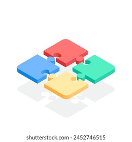 isometric vector puzzle of four pieces, in color on a white background, business solution