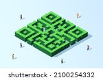 Isometric vector. Qr code in the form of a hedge maze in 3d. The concept of a new reality in life and business. Look for sales ideas during the coronavirus pandemic. People against vaccination 