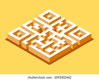 Isometric Vector. Qr Code In The Form Of A Maze On A Yellow Background In 3d. The Concept Of Design And Search For Ideas For Business. Sales Psychology Poster For Marketer 