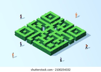 Isometric vector. Qr code in the form of a hedge maze in 3d. The concept of a new reality in life and business. Look for sales ideas during the coronavirus pandemic. People against vaccination 