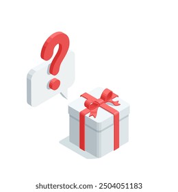 Signo de interrogación isométrico del Vector sobre la caja de regalo con el arco, en color sobre fondo blanco, regalo desconocido o sorpresa en venta