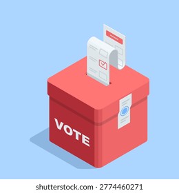 Isometric vector red box with the word vote and a ballot with a check mark, in color on a blue background, elections to parliament or for public office