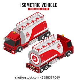 Vector isométrico de un camión cisterna rojo con diseño industrial detallado. Perfecto para logística, transporte, industria petrolera, distribución de gas o ilustraciones de ingeniería.