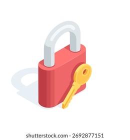 Bloqueio vermelho de vetor isométrico e chave dourada, em cor sobre fundo branco, proteção por senha ou acesso seguro aos dados