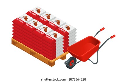 Isometric vector red wheelbarrow and cement bags illustration isolated on white background. Metal wheelbarrow and cement bags on a wooden pallet colorful vector icon. Building materials and equipment.