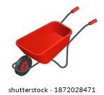 Isometric vector red wheelbarrow illustration isolated on white background. Metal wheelbarrow colorful vector icon. Red wheelbarrow with one wheel for transportation cargo in flat cartoon style.