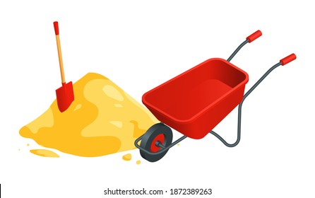 Isometric vector red wheelbarrow, shovel and yellow sand pile illustration isolated on white background. Metal wheelbarrow colorful vector icon. Building materials and equipment in flat cartoon style.