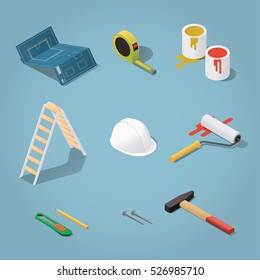 Isometric vector renovation tools set illustration. Toolbox: blueprint plan, buckets with paint, paint roller, helmet, hammer, nails, knife, tape-measure, pencil. Repair & construction concept.