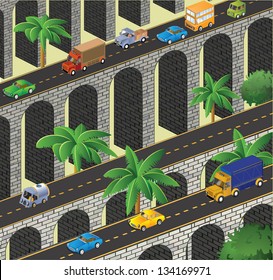 Isometric vector road to the bridge to transport