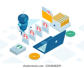 Isometric vector of a robot analyzes employee database or personnel. Data processing and HR services concept 