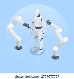 Isometric vector robotic manipulators create a humanoid robot, in color on a blue background, robotics or artificial intelligence