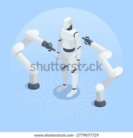 Isometric vector robotic manipulators create a humanoid robot, in color on a blue background, robotics or artificial intelligence
