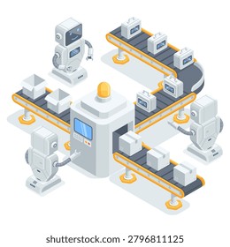 Isometric vector robots working on a production line, in color on a white background, factory or plant and working machines
