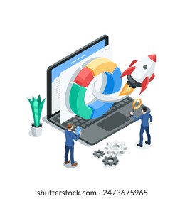 isometric vector rocket flying out of a pie chart on a laptop screen and working business people, in color on a white background, startup or rapid progress