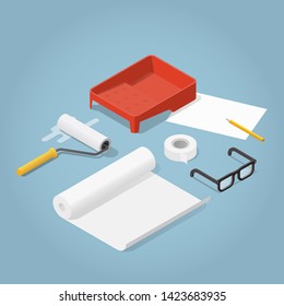 Isometric vector room renovation illustration. Set of objects for wallpaper sticking: paint roller, masking tape, glue tray, roll of wallpaper, glasses. Renovation and reconstruction concept.