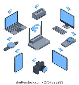 Isometric vector router and set of devices connected via wireless technology, in color on a white background, computer and laptop next to a printer and camera, as well as smartphone and tablet