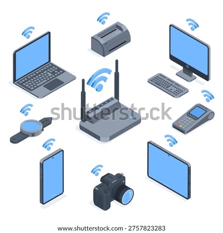 Isometric vector router and set of devices connected via wireless technology, in color on a white background, computer and laptop next to a printer and camera, as well as smartphone and tablet