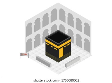 Isometric Vector The Sacred Mosque Mecca Illustration. Quarantine Social Distance Concept Background White, For Website Landing Page