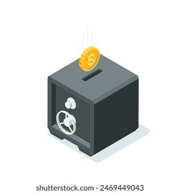 isometric vector safe piggy bank with coin, in color on a white background, banking and financial savings or deposit