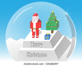 Isometric vector Santa Claus and Christmas tree in snow glass ball, vector illustration