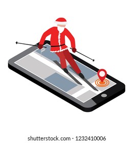 Isometric vector Santa Claus has boarding in city. Christmas and New Year are coming. Urban style and hot tricks in park. Alpine skiing, winter sport. Activity speed extreme