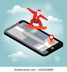 Isometric vector Santa Claus has boarding in city. Christmas and New Year are coming. Urban style and hot tricks in park. Activity speed extreme