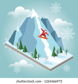 Isometric vector Santa Claus pulls off the mountain. Christmas and New Year are coming. Recreation lifestyle, activity speed extreme