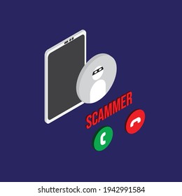 An isometric vector of scammer phone call on dark background