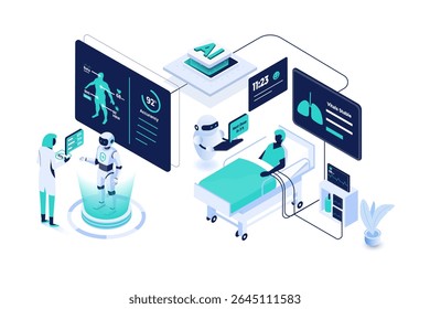 Cena vetorial isométrica da inteligência artificial na saúde moderna. Descreve diagnósticos inteligentes, monitoramento de pacientes, colaboração médica e sistemas de IA médica para um tratamento eficiente.