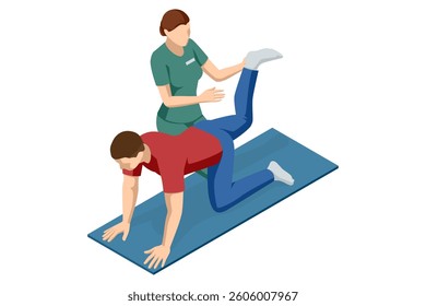 Isometric vector scene of male patient performing physical therapy exercise guided by therapist, focusing on leg and hip rehabilitation on exercise mat.