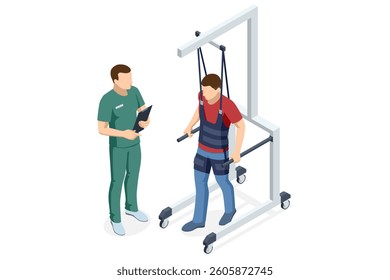 Isometric vector scene showing male patient walking with support harness, guided by a male rehabilitation therapist during rehabilitation session.