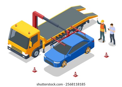 Isometric vector scene of a tow truck lifting a blue car. Workers and cones emphasize road safety during vehicle recovery operations. Tow truck, roadside assistance