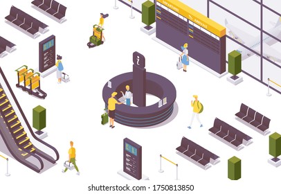 Isometric Vector Scene With Train Station Or Airport Information Counter Desk With Passengers Walking With Baggage. Concept Interior