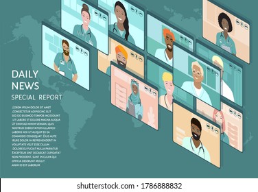 Isometric vector screens, international group of medical experts, doctors from different countries, healthcare professionals, teleconference at world map. Global news coronavirus pandemic video review