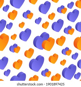 Isometric vector seamless pattern with blue and orange hearts on white background. Hearts isometric seamless pattern. Background for Happy Valentine's Day, Mother's Day, Women's Day, birthday, wedding