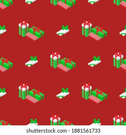 Isometric vector seamless pattern with colored gift boxes on red background. Present boxes with bow ribbon mark 3D isometric seamless pattern in flat cartoon style.