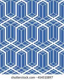 Isometric Vector seamless pattern.White line on blue background.