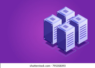 Isometric vector server rack, data center concept, vps vds hosting, server room, cloud storage place gradient violet