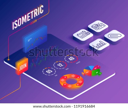 Isometric vector. Set of Accounting report, Calendar and Paper clip icons. Report diagram sign. Check finance, Calculator device, Attach paperclip. Financial market.  Software or Financial markets