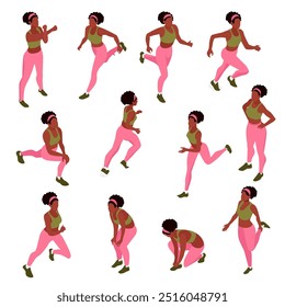 Isometric Vector Set of Black Female Runner in Dynamic Poses. Ideal for Fitness Apps, Sports Promotions, and Health Blogs