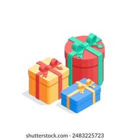 isometric vector set of boxes with ribbon and bow, in color on white background, surprise or holiday gift