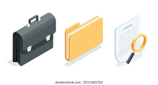 Vector isométrico conjunto de iconos de negocios, en color sobre un fondo blanco, maletín con carpeta y documento con lupa, trabajo con documentación