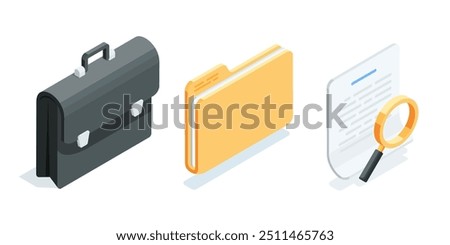 isometric vector set of business icons, in color on a white background, briefcase with folder and document with magnifying glass, work with documentation