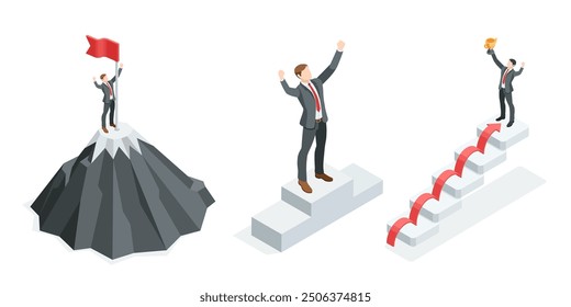 isometric vector set of business man with waving flag on top of mountain and pedestal, in color on white background, achieving goal or success