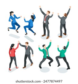 isometric vector set business people rejoice and have fun, in color on a white background, the joy of winning or achieving success