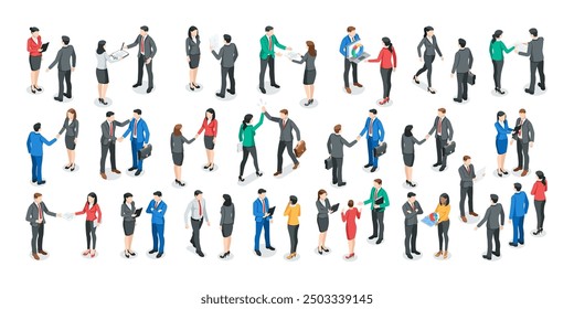 isometric vector set of business people in different work situations, in color on white background, office work or work relationships